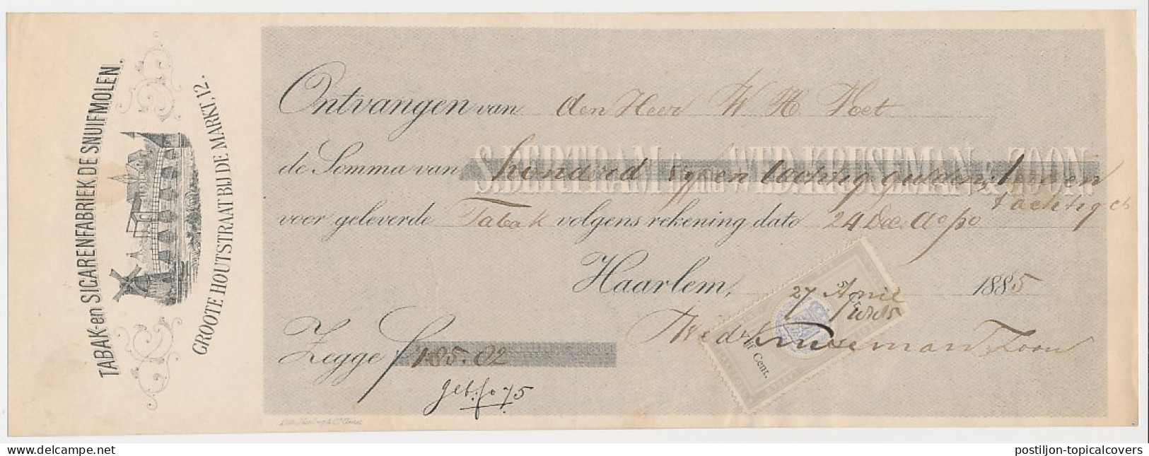 Kwitantie Haarlem 1885 - Tabak En Sigarenfabriek De Snuifmolen - Netherlands