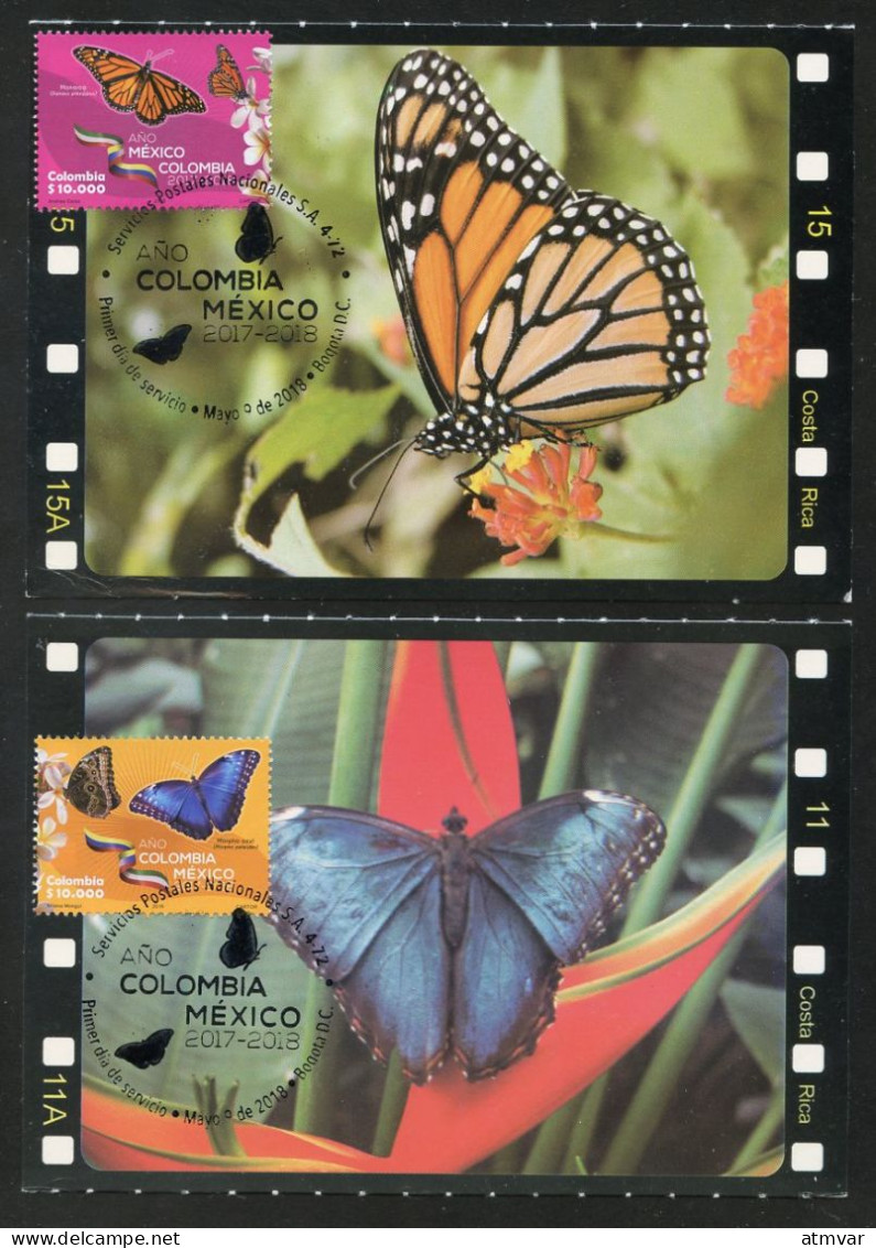 COLOMBIA (2018) Cartes Maximum Cards - Año Colombia México, Danaus Plexippus, Morpho Peleides, Butterflies, Papillons - Colombie