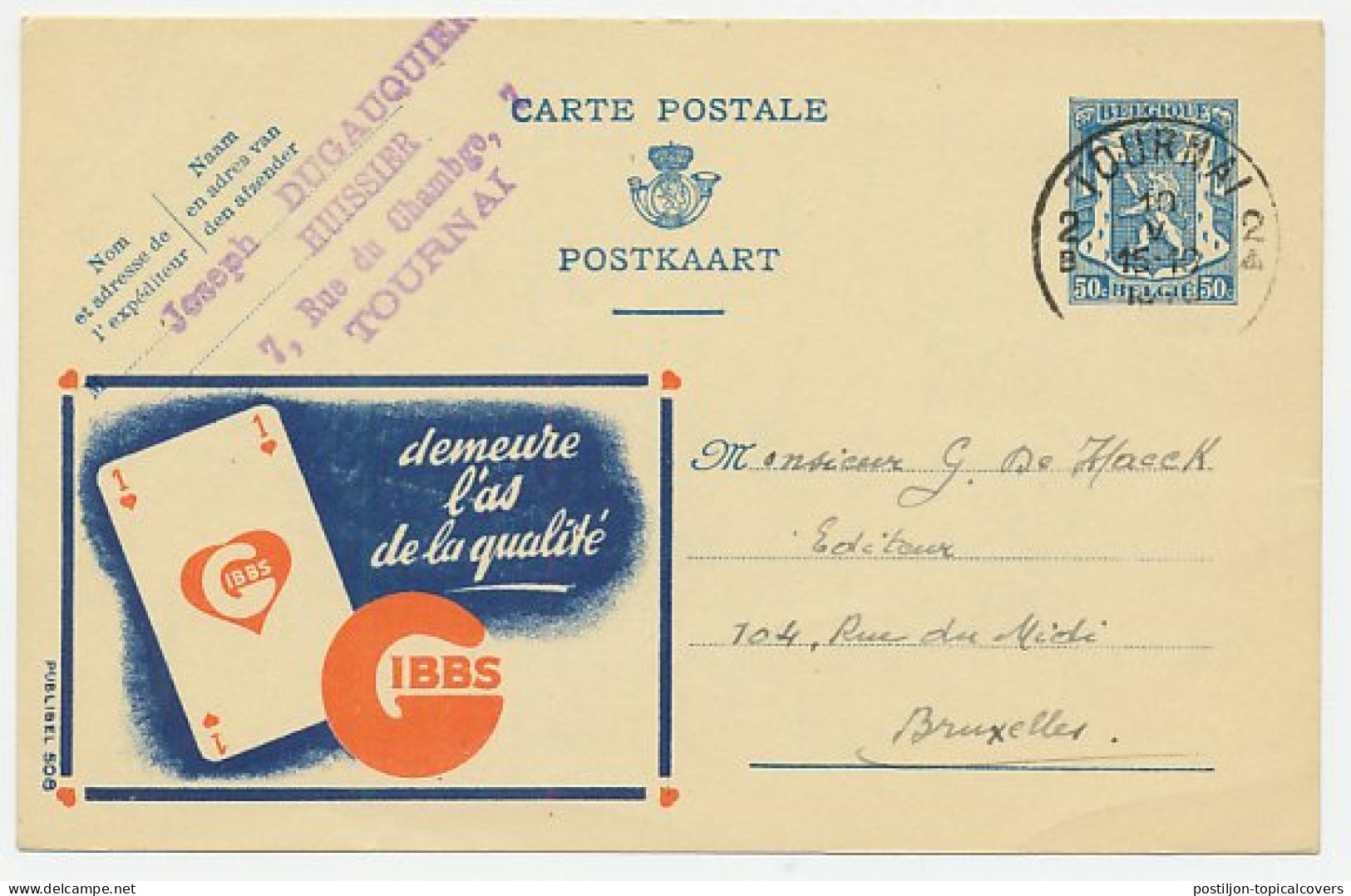 Publibel - Postal Stationery Belgium 1943 Playing Card - Ace - Sin Clasificación
