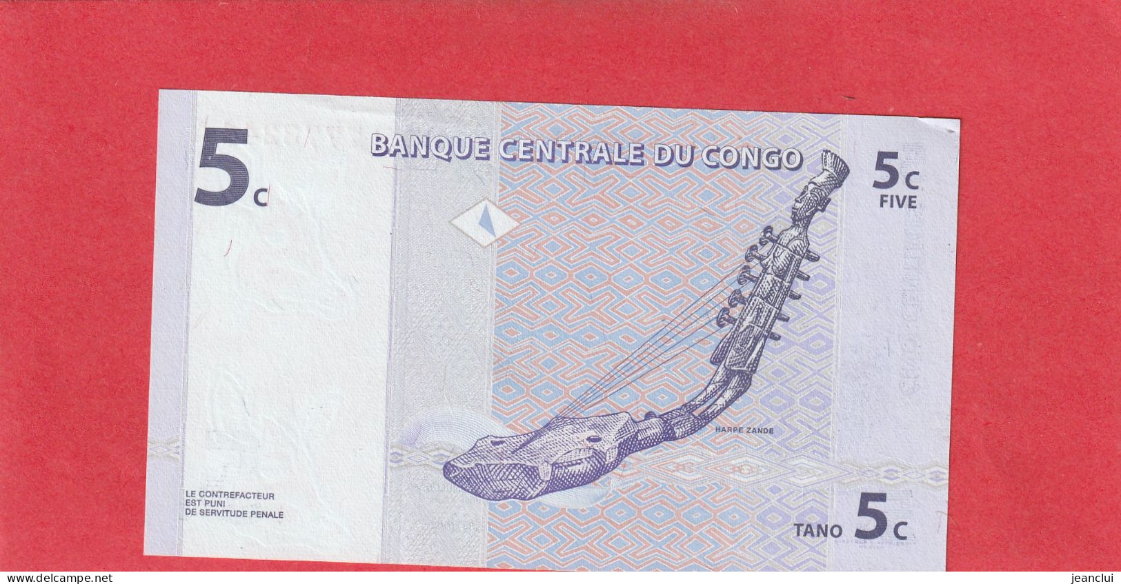 BANQUE CENTRALE DU CONGO  .  5 CENTIMES  .  01-11-1997  .  N°  B 7773244 A  .  BILLET EN TRES BEL ETAT  .  2 SCANNES - République Démocratique Du Congo & Zaïre