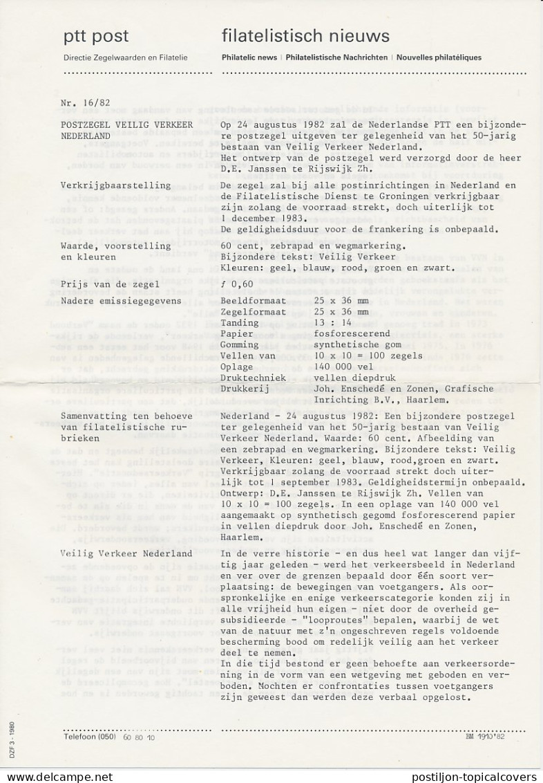 PTT Post Persbericht Em. Veilig Verkeer Nederland 1982 - Unclassified