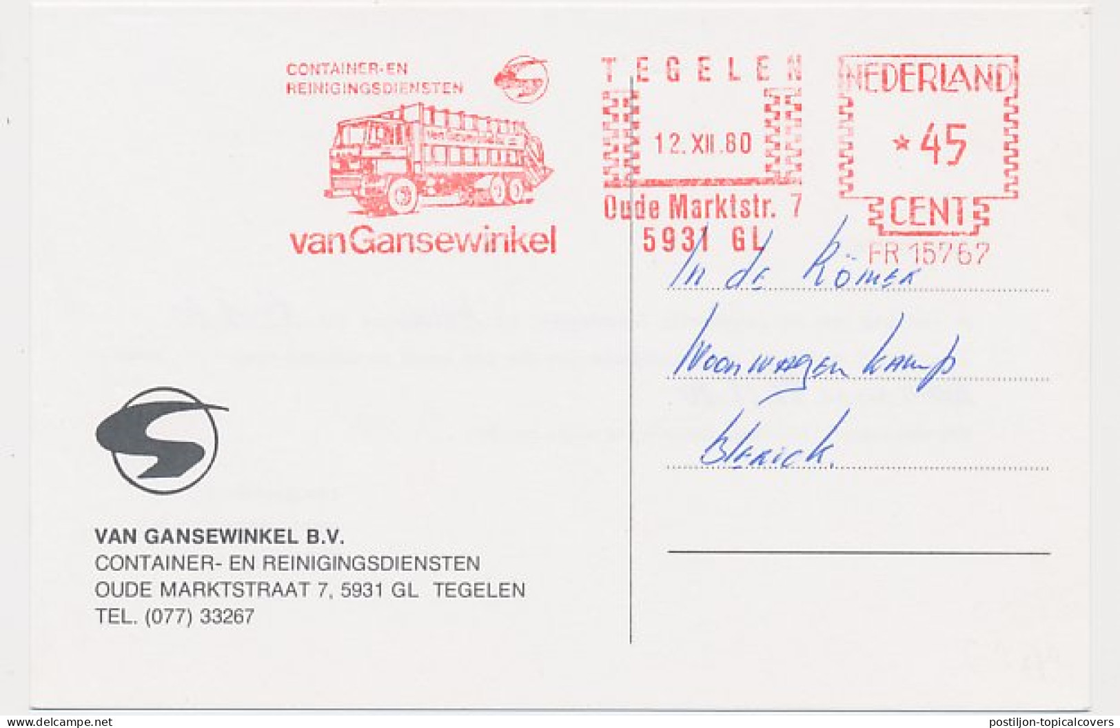 Meter Card Netherlands 1980 Garbage Truck - Tegelen - Camions
