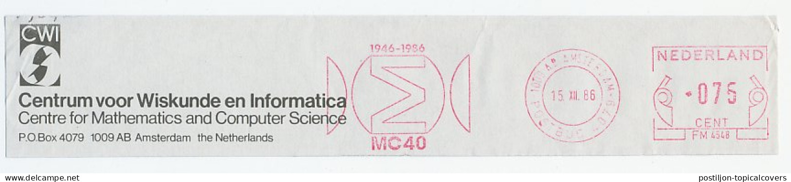 Meter Top Cut Netherlands 1986 MC 40 Years - Centre For Mathematics - Altri & Non Classificati