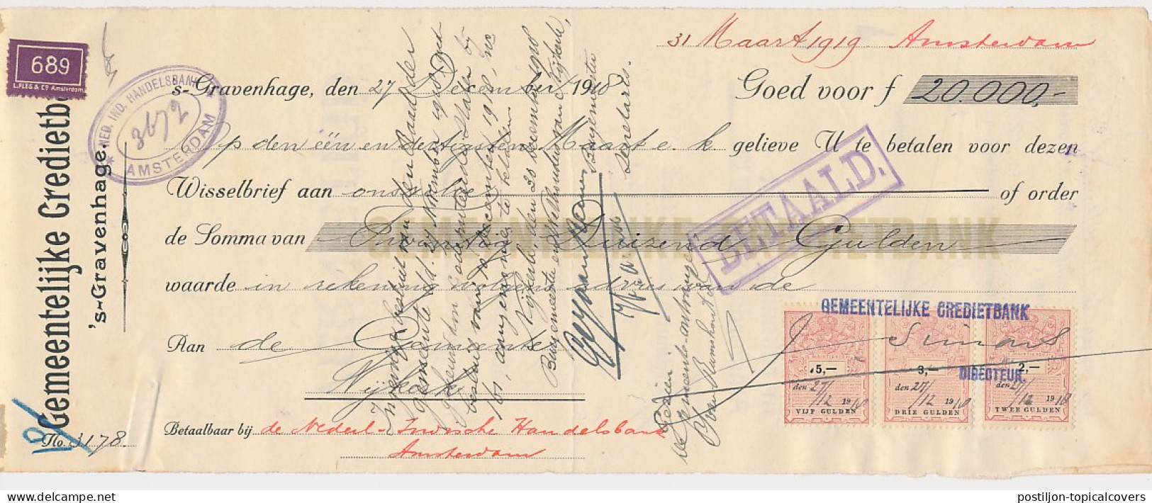 Plakzegel 2.- / 3.- / 5.- Den 19.. - Wisselbrief Den Haag 1918 - Steuermarken