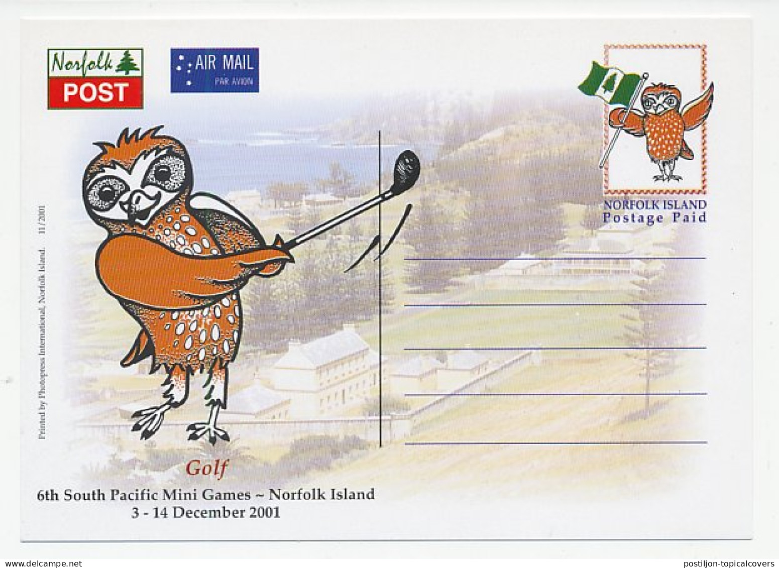 Postal Stationery Norfolk Island 2001 Golf - South Pacific Mini Games - Owl - Otros & Sin Clasificación