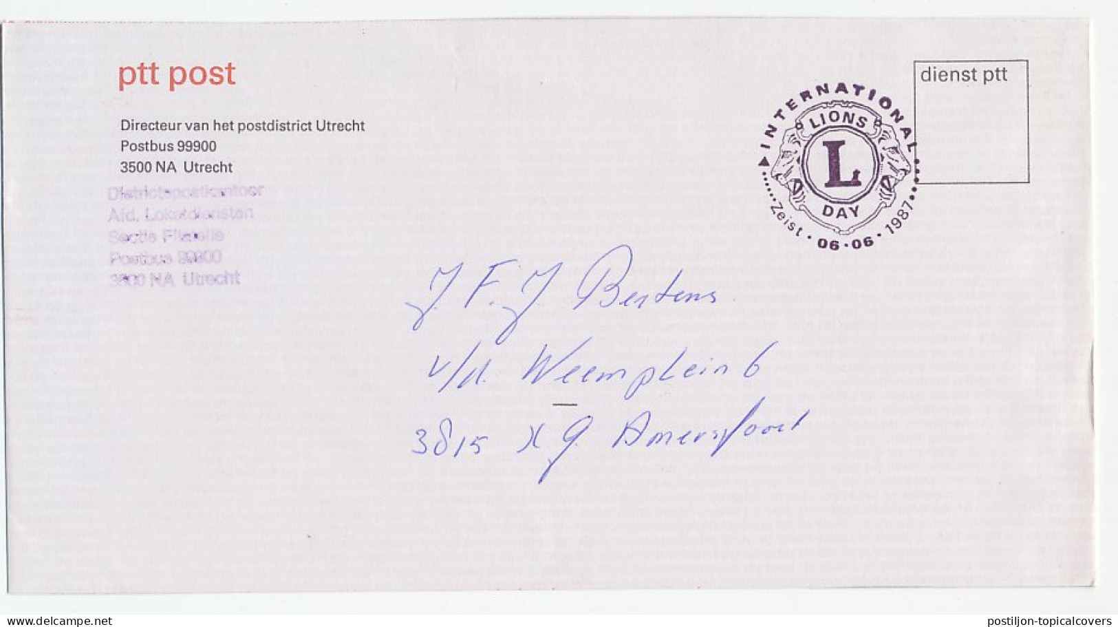Service Cover / Postmark Netherlands 1987 International Lions Day - Rotary, Lions Club