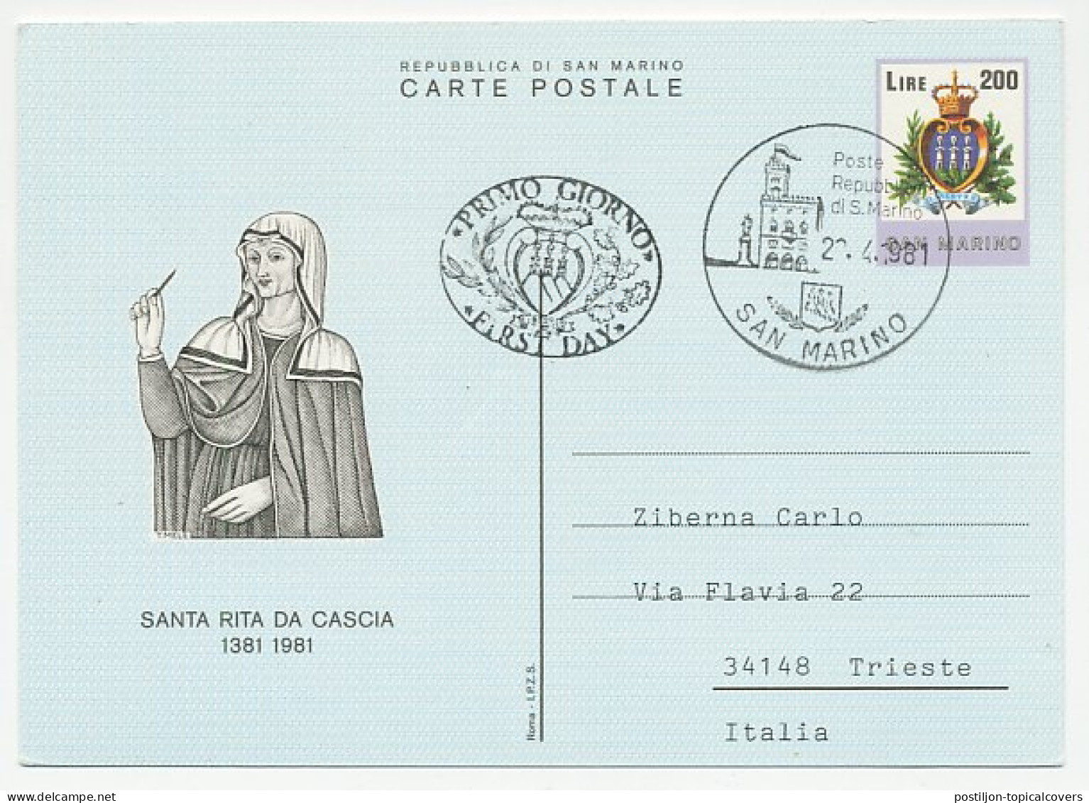 Postal Stationery San Marino 1981 Santa Rita Da Cascia - Otros & Sin Clasificación
