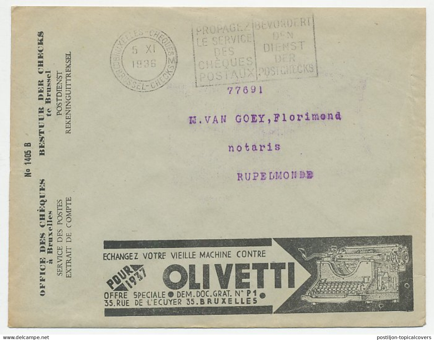 Postal Cheque Cover Belgium 1936 Deaf - Tobacco - Comb - Pearlescent - Typewriter - Olivetti - Behinderungen