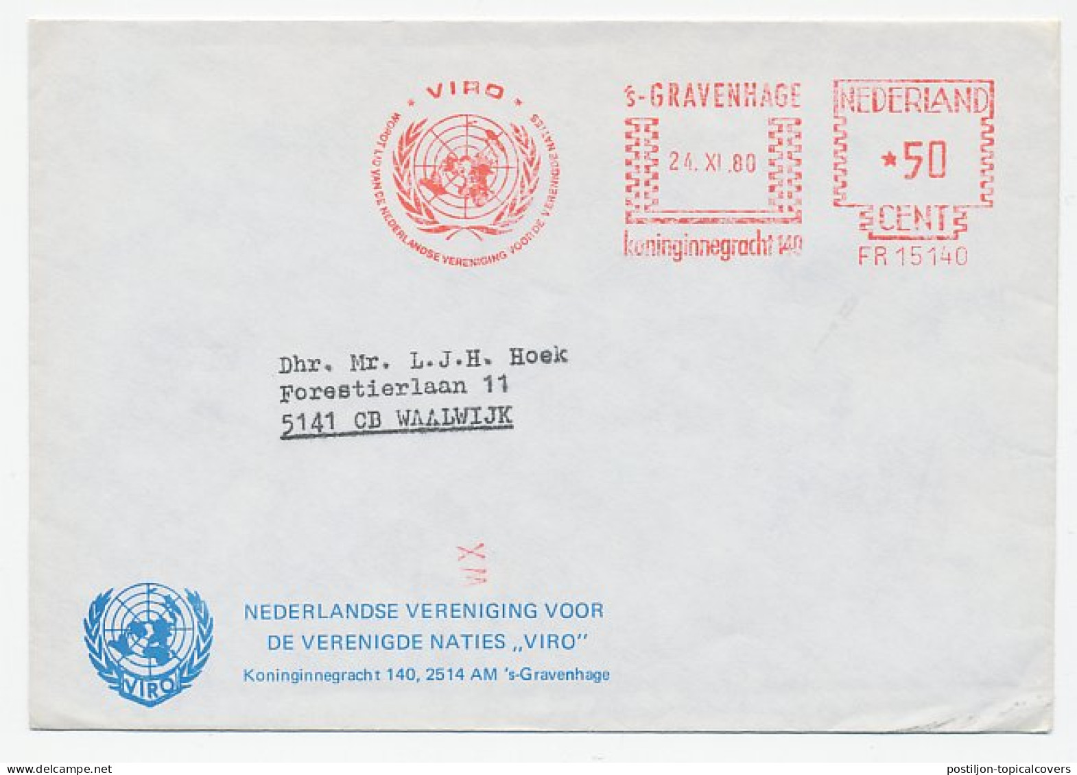 Meter Cover Netherlands 1980 United Nations - VIRO - UNO