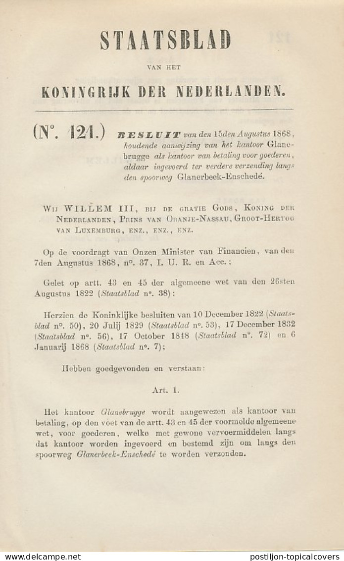 Staatsblad 1868 : Spoorlijn Glnerbeek - Enschede - Documenti Storici