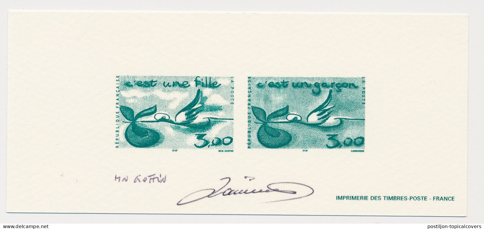 France 1999 - Epreuve / Proof Signed By Engraver Baby - Bird - Stork - Andere & Zonder Classificatie