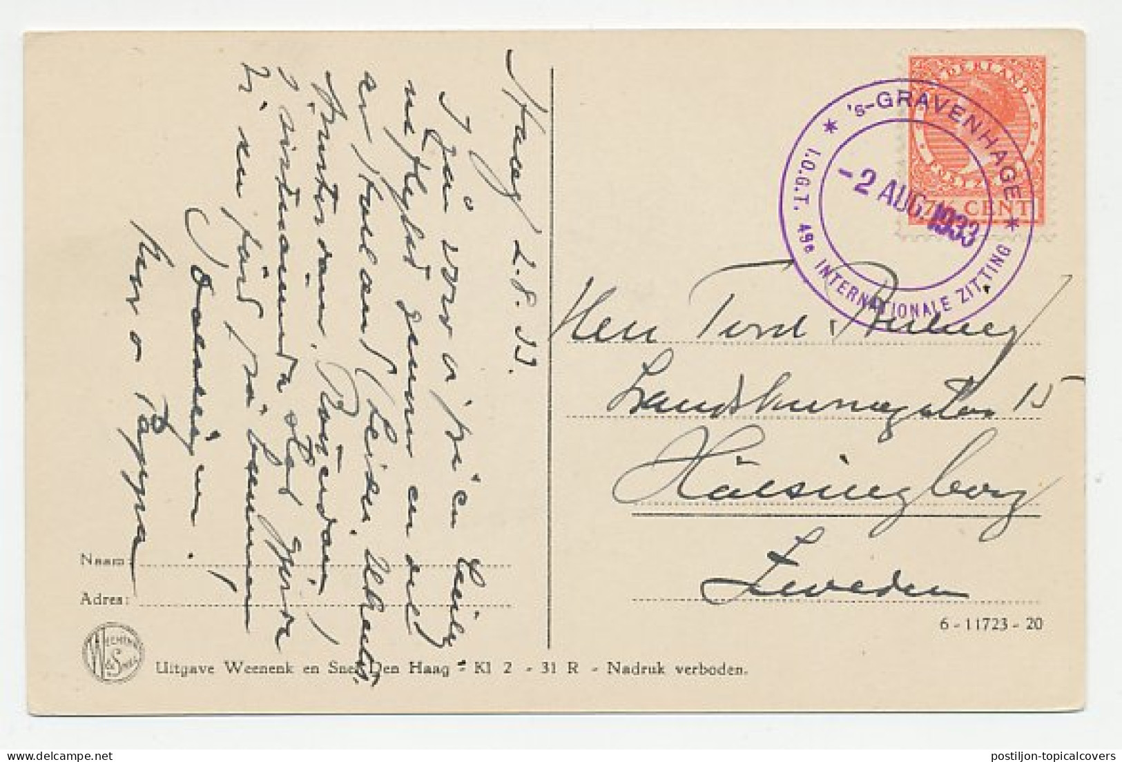 Postcard / Postmark Netherlands 1933 I.O.G.T - International Organisation Of Good Templars - Franc-Maçonnerie