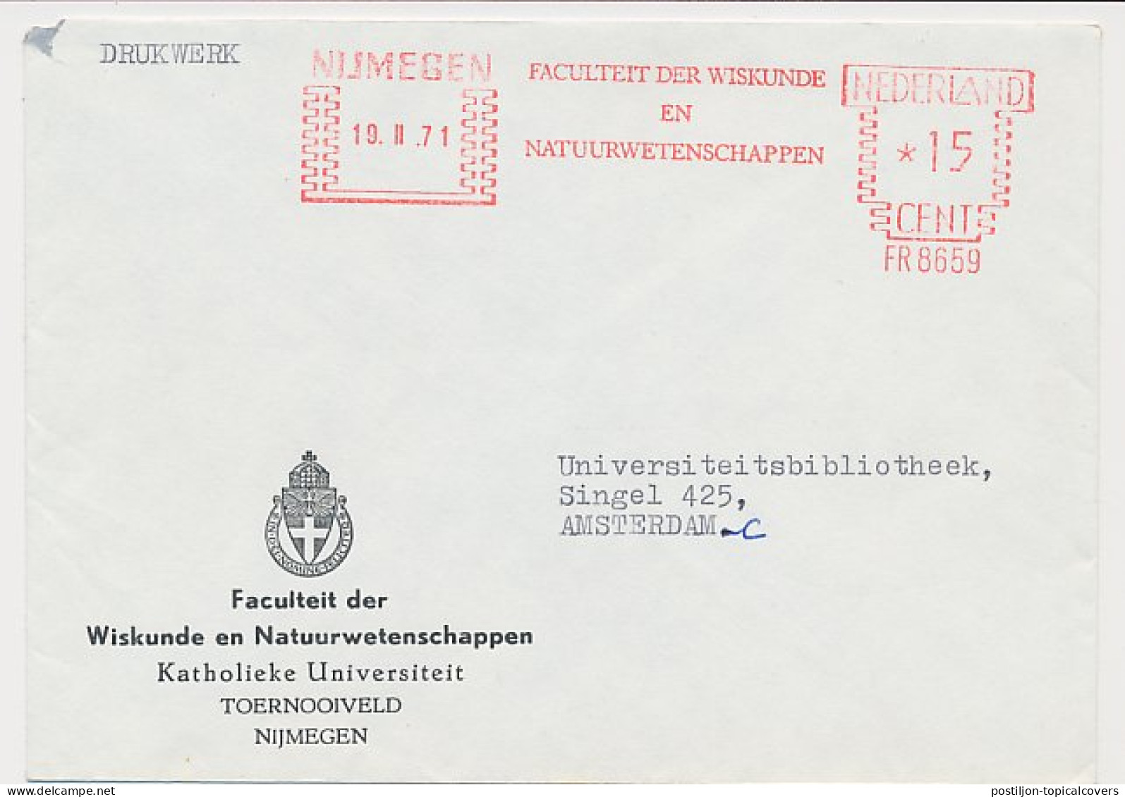 Meter Cover Netherlands 1971 Nijmegen University -Faculty Of Mathematics And Natural Sciences - Non Classificati
