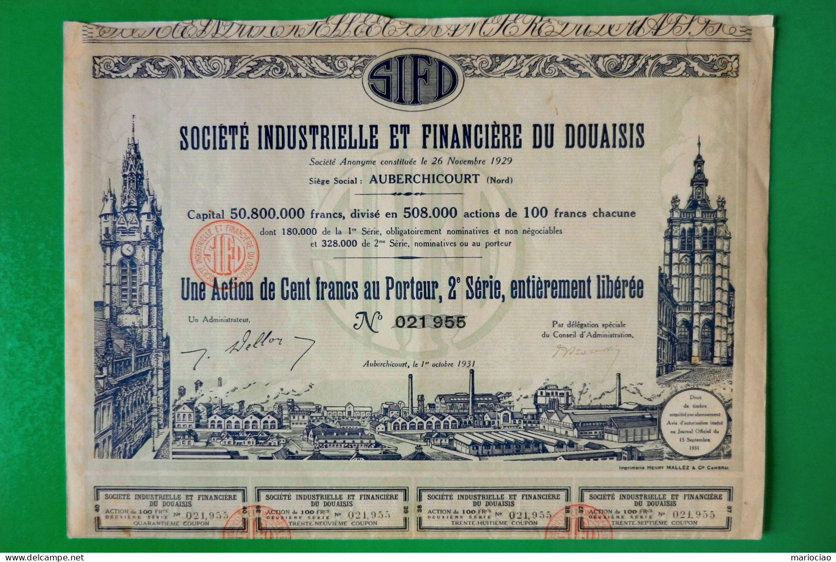 T-FR Société Industrielle Et Financière Du Douaisis Auberchicourt 1931 N.955 - Otros & Sin Clasificación