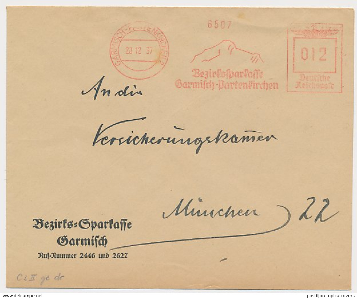 Meter Cover Deutsche Reichspost / Germany 1937 Garmisch Partenkirchen - Mountain - Savings Bank - Winter (Other)
