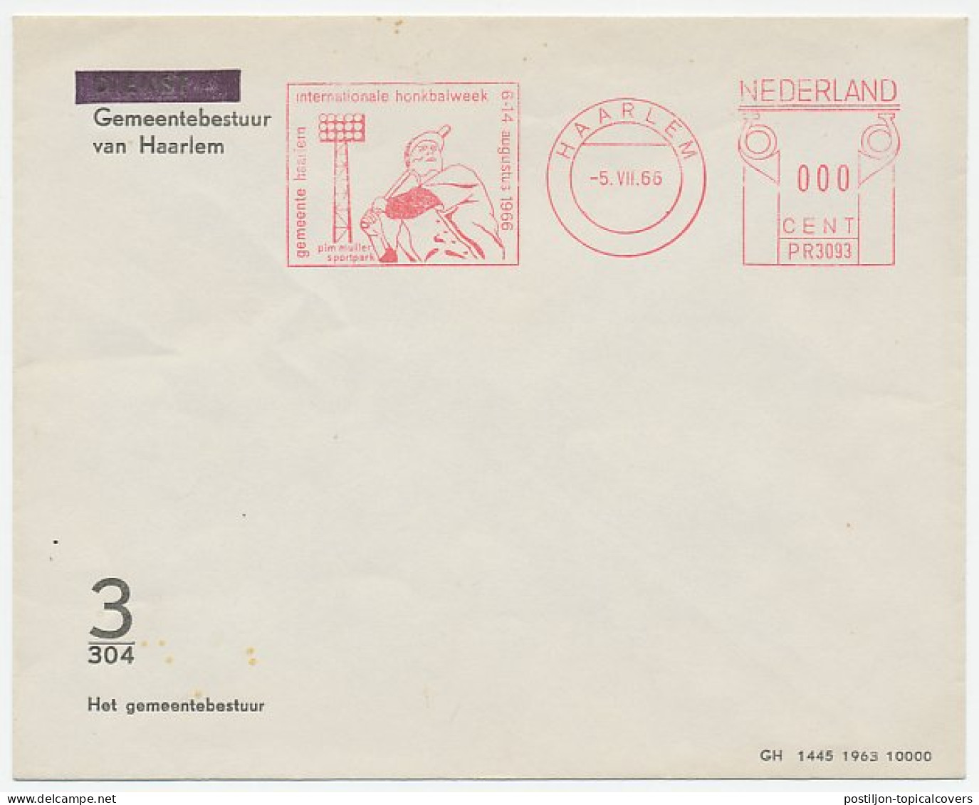 Proof / Test Meter Cover Netherlands 1966 International Baseball Week Haarlem 1966 - Altri & Non Classificati