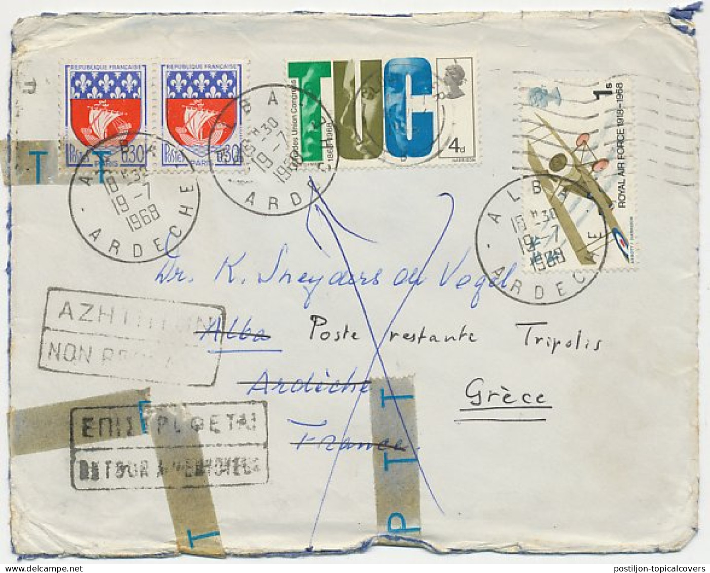Damaged Mail Cover GB / UK - France - Greece 1968 Recovered - Official Tape - Undeliverable - Return To Sender - Non Classés