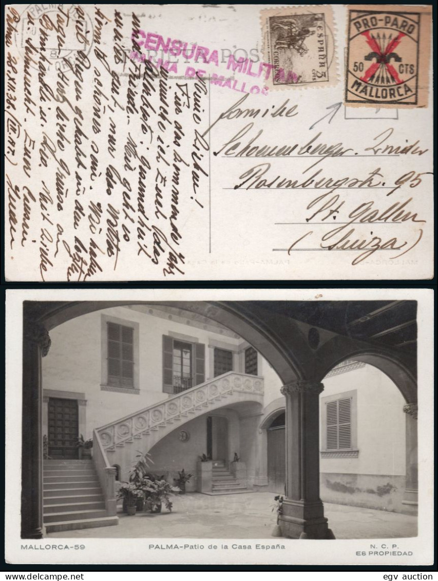 Baleares - Guerra Civil - Edi O TP 816+Local - Postal "Palma - Patio Casa España" + Censura A Suiza - Cartas & Documentos