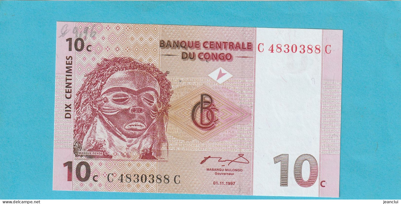 BANQUE CENTRALE DU CONGO  .  10 CENTIMES  .  01-11-1997  .  N°  C 4830388 C   .  BILLET EN TRES BEL ETAT  .  2 SCANNES - République Démocratique Du Congo & Zaïre