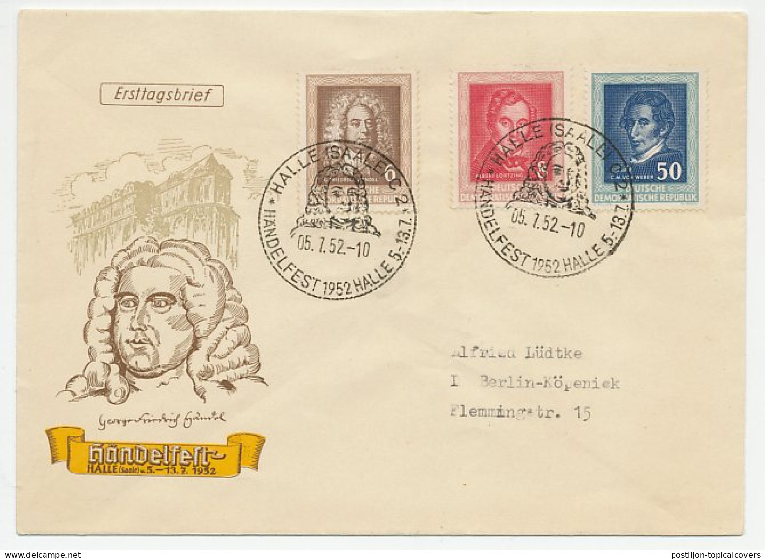 Cover / Postmark Germany / DDR 1952 Georg Friedrich Handel - Composer - Musik