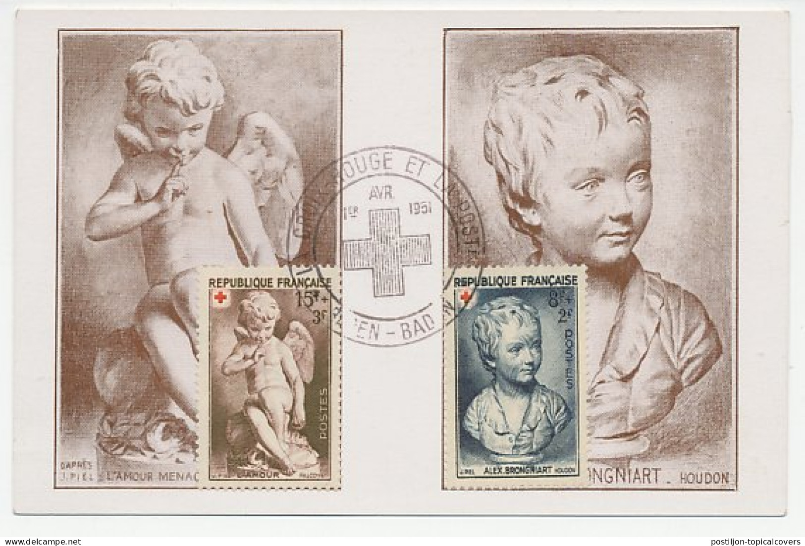 Maximum Card France 1951 Falconet - Houdon - Red Cross - Skulpturen