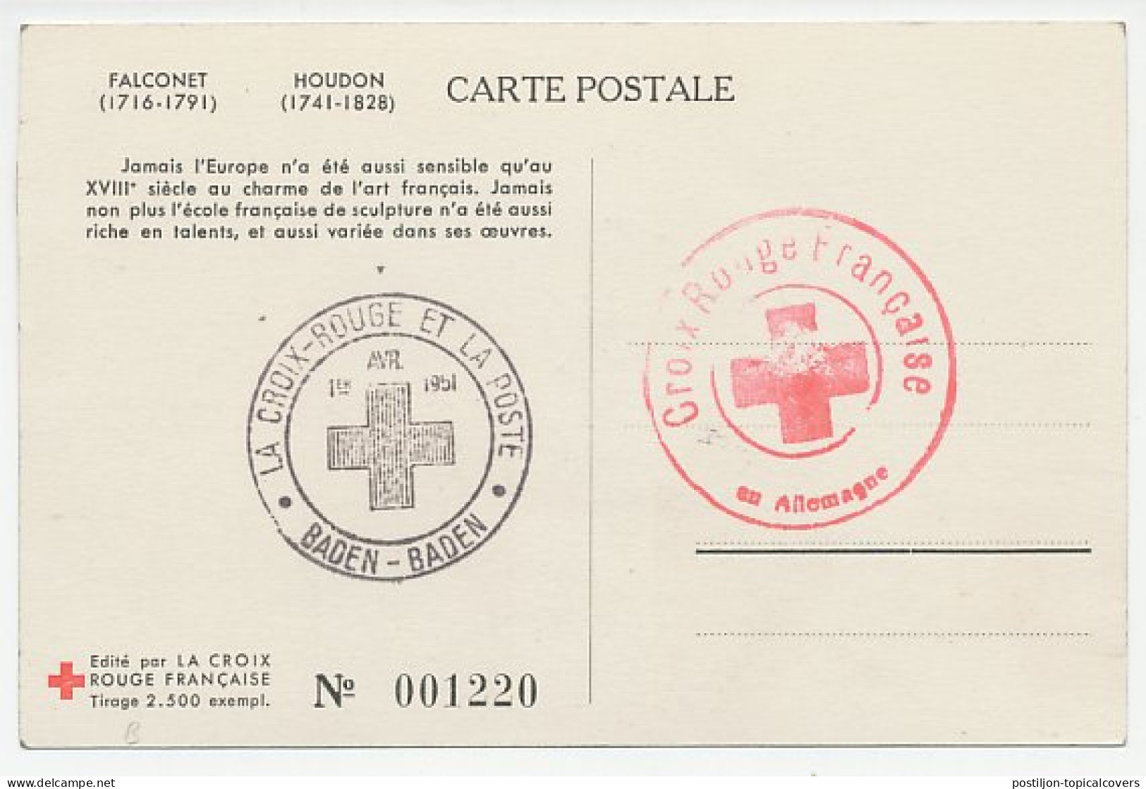 Maximum Card France 1951 Falconet - Houdon - Red Cross - Skulpturen