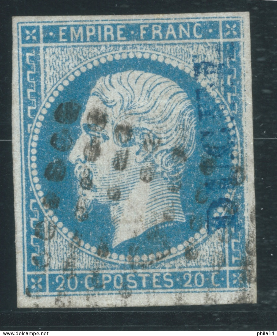 !! RARE !!   N°14 20c BLEU NAPOLEON TYPE 1 / SURCHARGE DUCEL PARIS (VOIR DESCRIPTION) - 1853-1860 Napoléon III