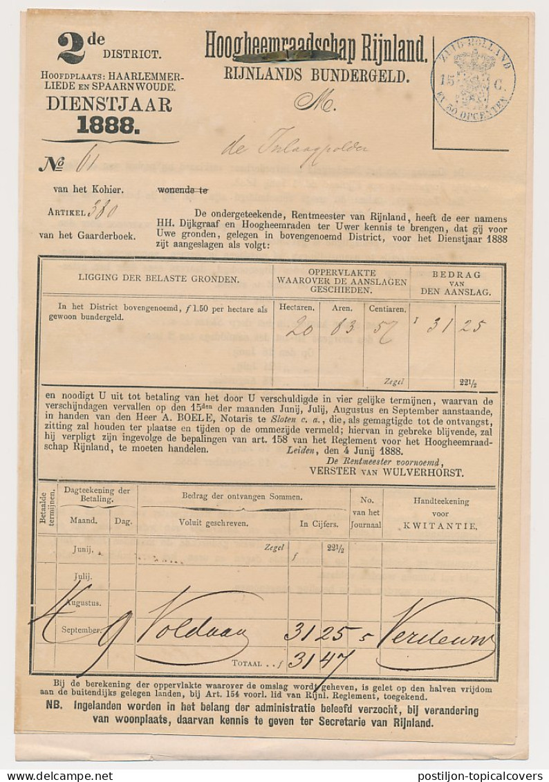 Fiscaal - Rijnlands Bundergeld + Bevelschrift Inlaagpolder 1888 - Steuermarken