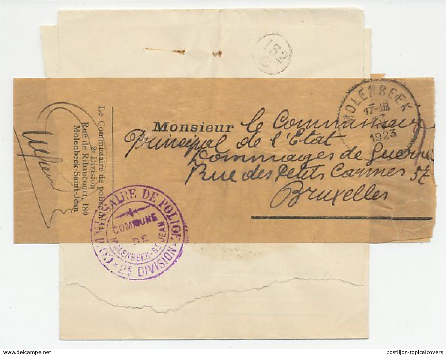 Service Wrapper / Postmark Belgium 1923 Police Commissioner - Polizei - Gendarmerie