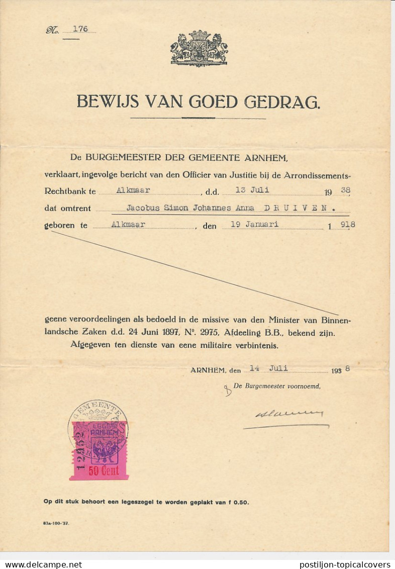 Gemeente Leges 50 Cent Arnhem 1938 - Fiscaux