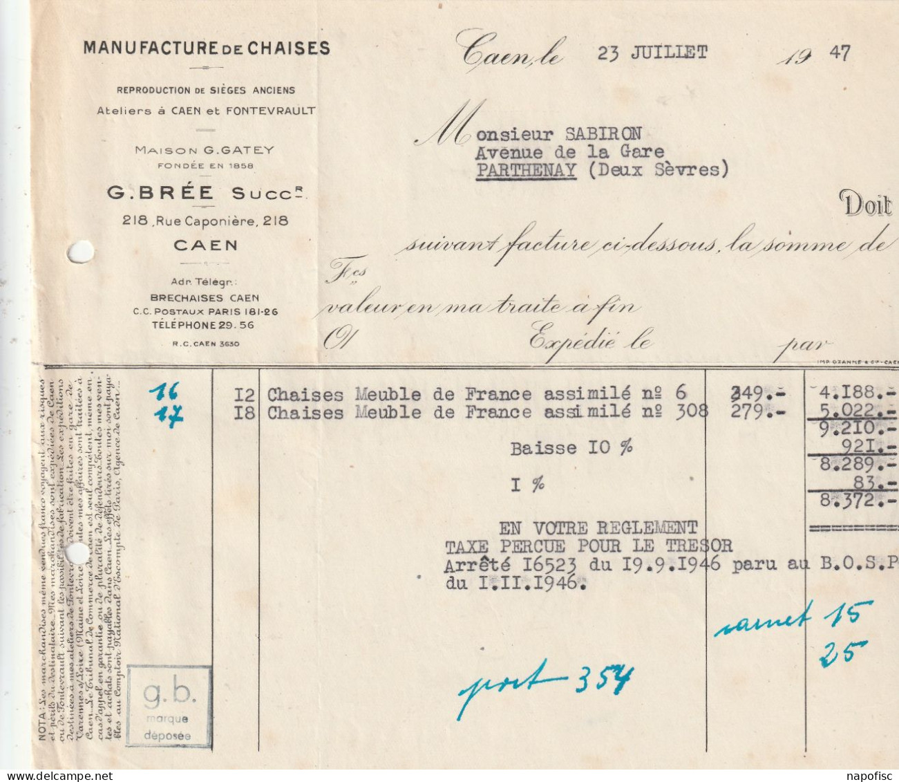 14-G.Brée.. Manufacture De Chaises...Caen..(Calvados)....1947 - Sonstige & Ohne Zuordnung
