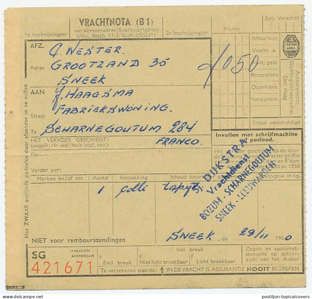 Sneek - Scharnegoutum 1960 - Vrachtnota - Ohne Zuordnung