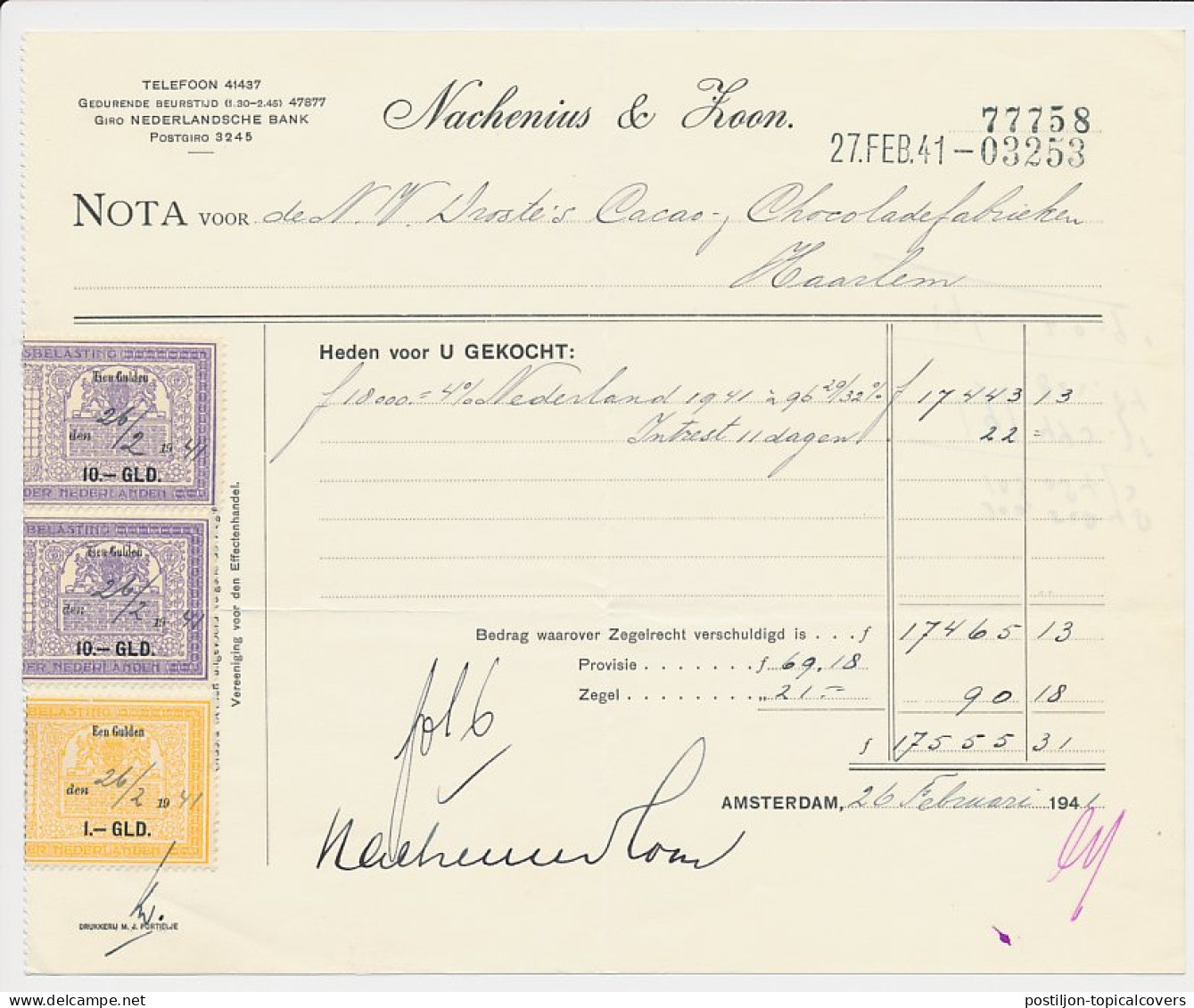 Beursbelasting 1.- GLD. / 10.- GLD. Den 19.. - Amsterdam 1941 - Fiscales