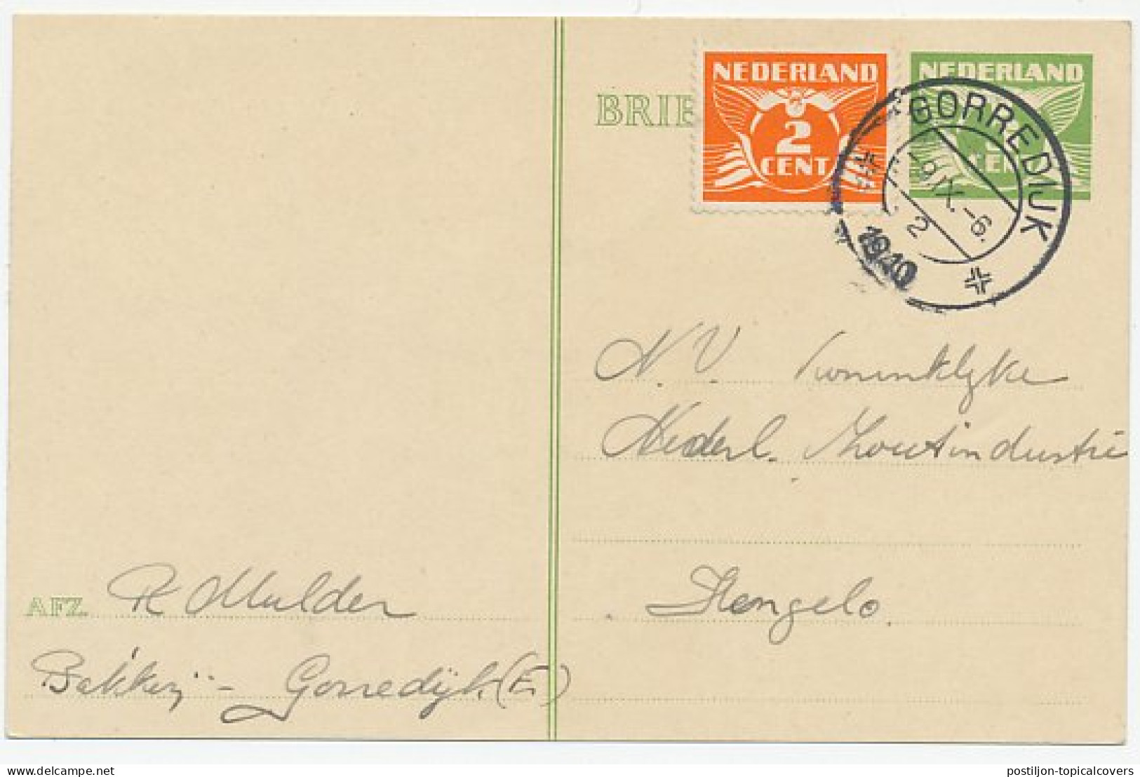 Briefkaart G. 256 / Bijfrankering Gorredijk - Hengelo 1940 - Entiers Postaux
