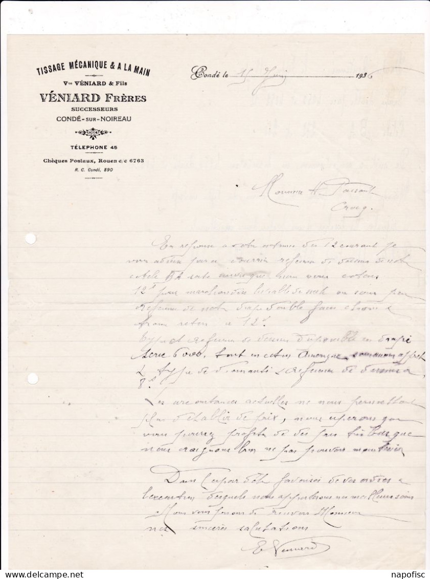 14-Véniard Frères..Tissage Mécanique & à La Main..Condé-sur-Noireau...(Calvados)....1936 - Textile & Vestimentaire