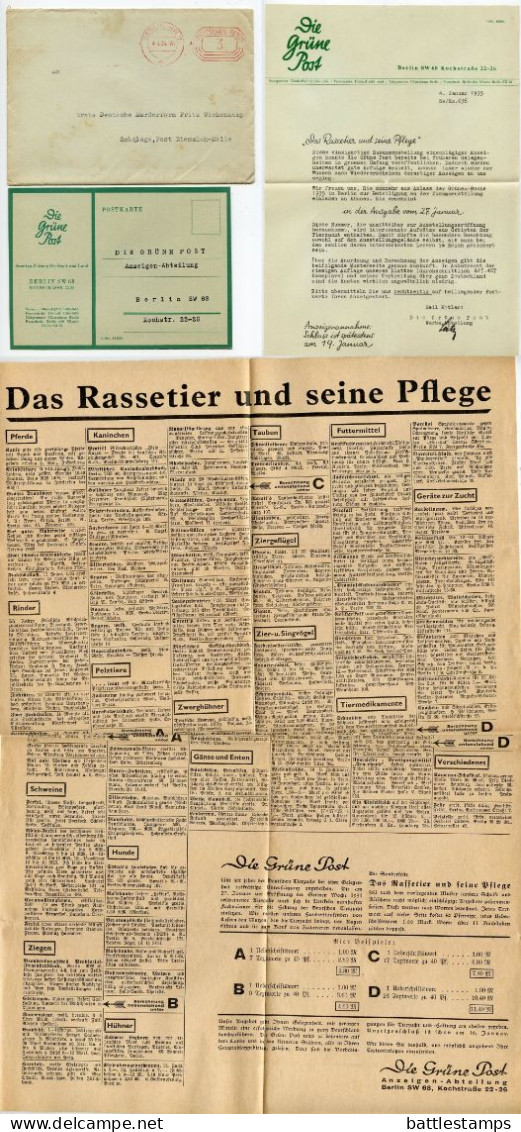 Germany 1935 Cover W/ Letter & Advertisements; Berlin - Die Grüne Post (The Green Post - German Newspaper); 3pf. Meter - Máquinas Franqueo (EMA)