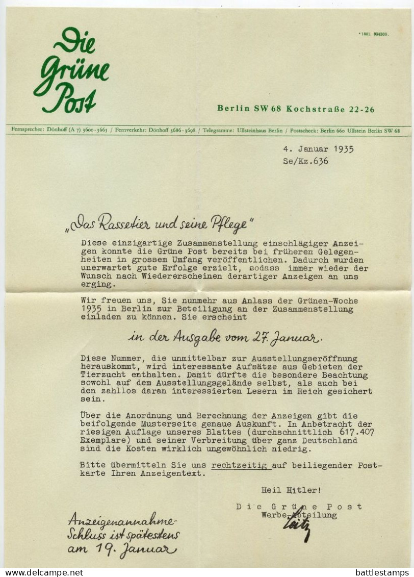 Germany 1935 Cover W/ Letter & Advertisements; Berlin - Die Grüne Post (The Green Post - German Newspaper); 3pf. Meter - Machines à Affranchir (EMA)