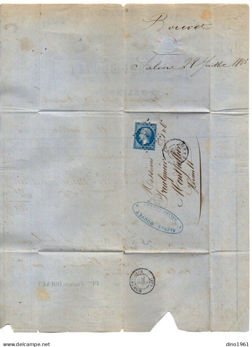 VP23.111 -1866 - Lettre / Facture - Commerce De Sciages ( Bois ) Alfred BOUVET à SALINS ( Jura ) Pour MONTPELLIER - 1800 – 1899