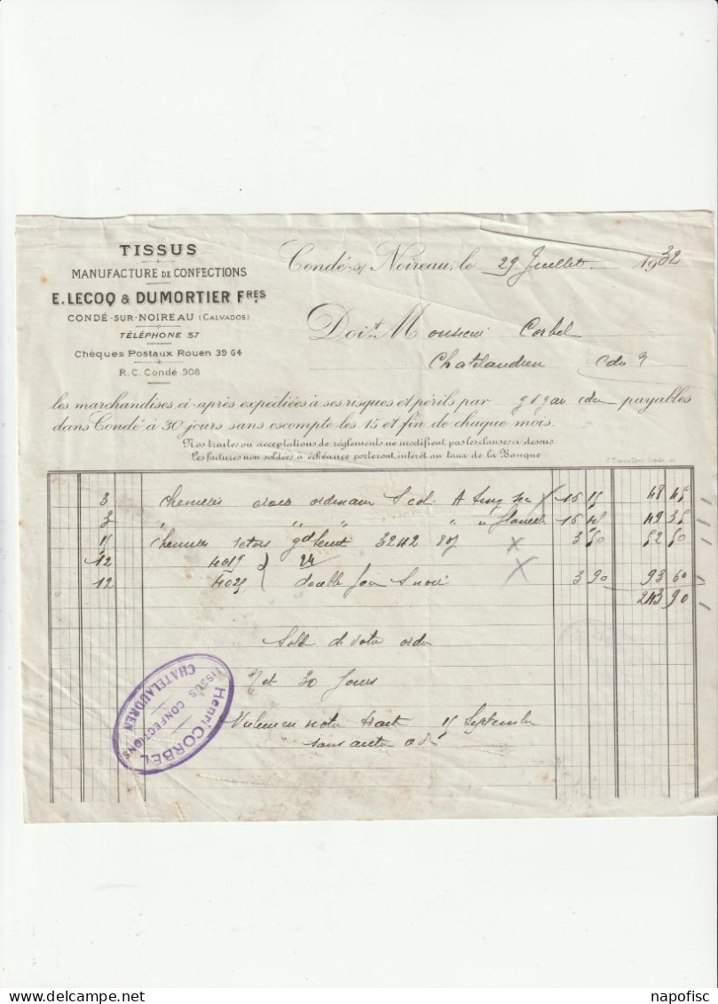 14-E.Lecoq & Dumortier Frères... Tissus, Manufacture De Confections..Condé-sur-Noireau...(Calvados)....1932 - Kleidung & Textil