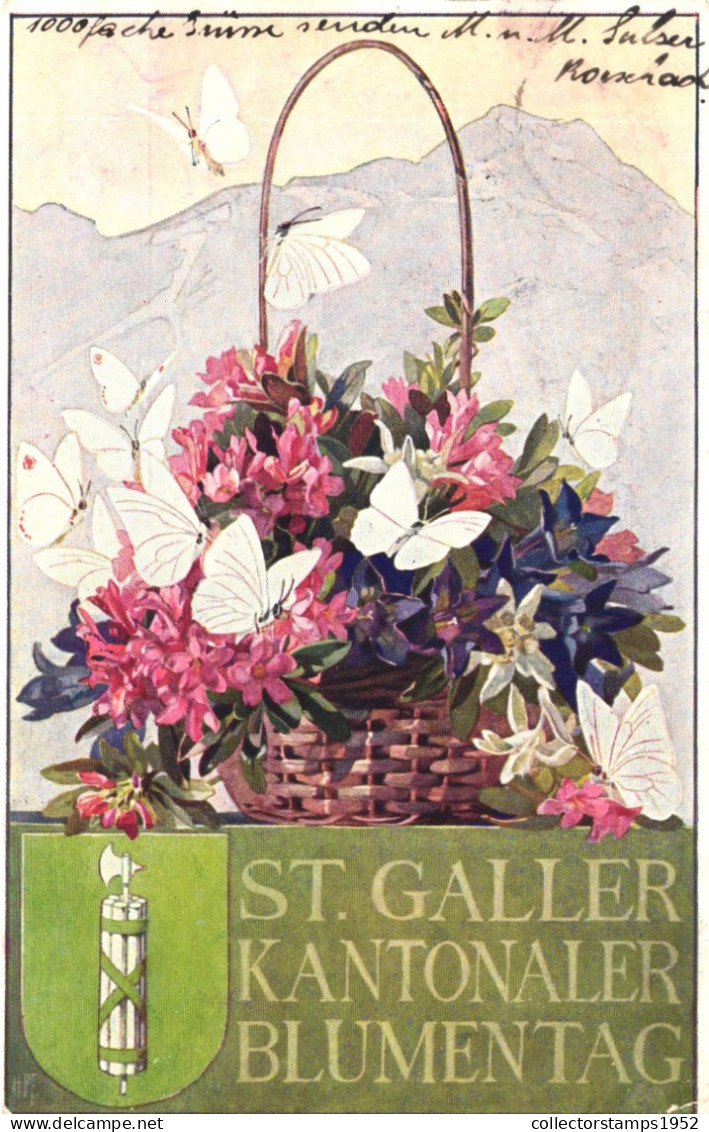 ILLUSTRATION, FLOWER DAY, FLOWERS IN BASKET, BUTTERFLY, SWITZERLAND, POSTCARD - Ohne Zuordnung