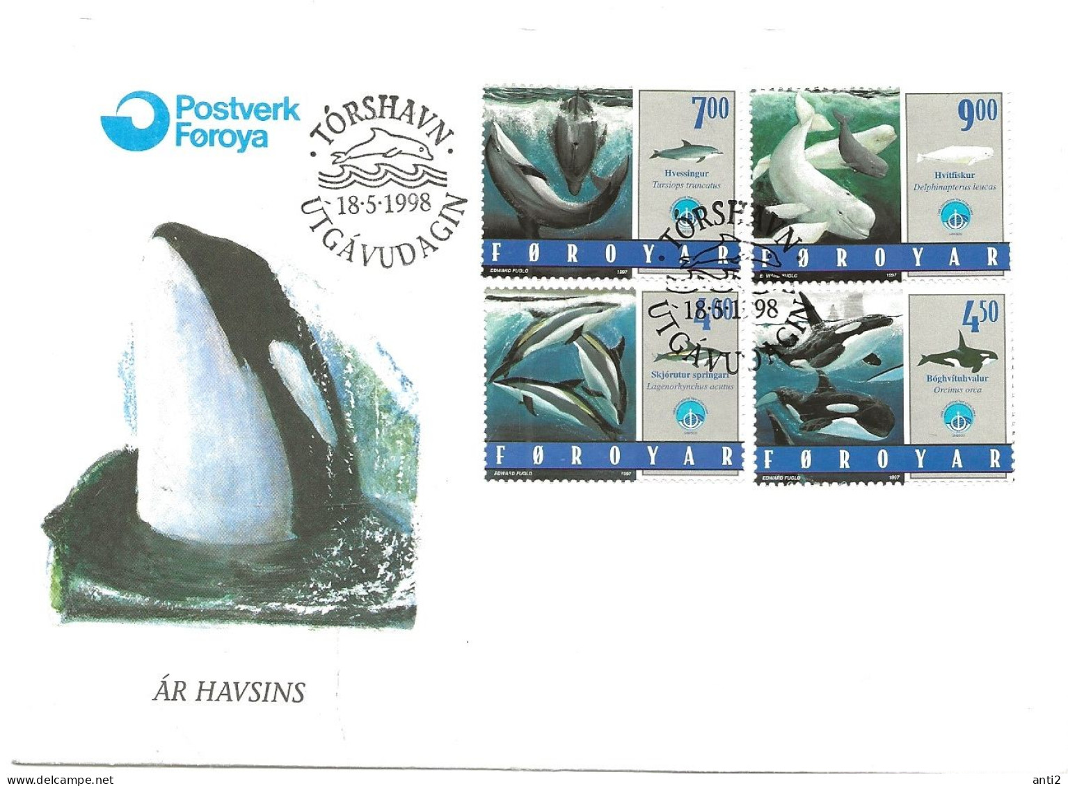 Faroe Islands 1998 International Year Of The Ocean: Toothed Whales  Mi 334-337 FDC - Faroe Islands