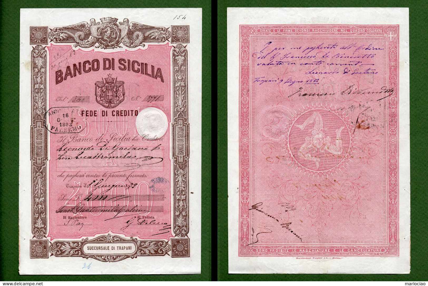 T-IT Banco Di Sicilia Trapani 1883 Fede Di Credito - Otros & Sin Clasificación