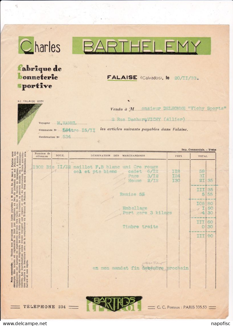 14-C.Barthelemy...Fabrique De Bonneterie Sportive... Falaise.(Calvados)....1933 - Textile & Vestimentaire