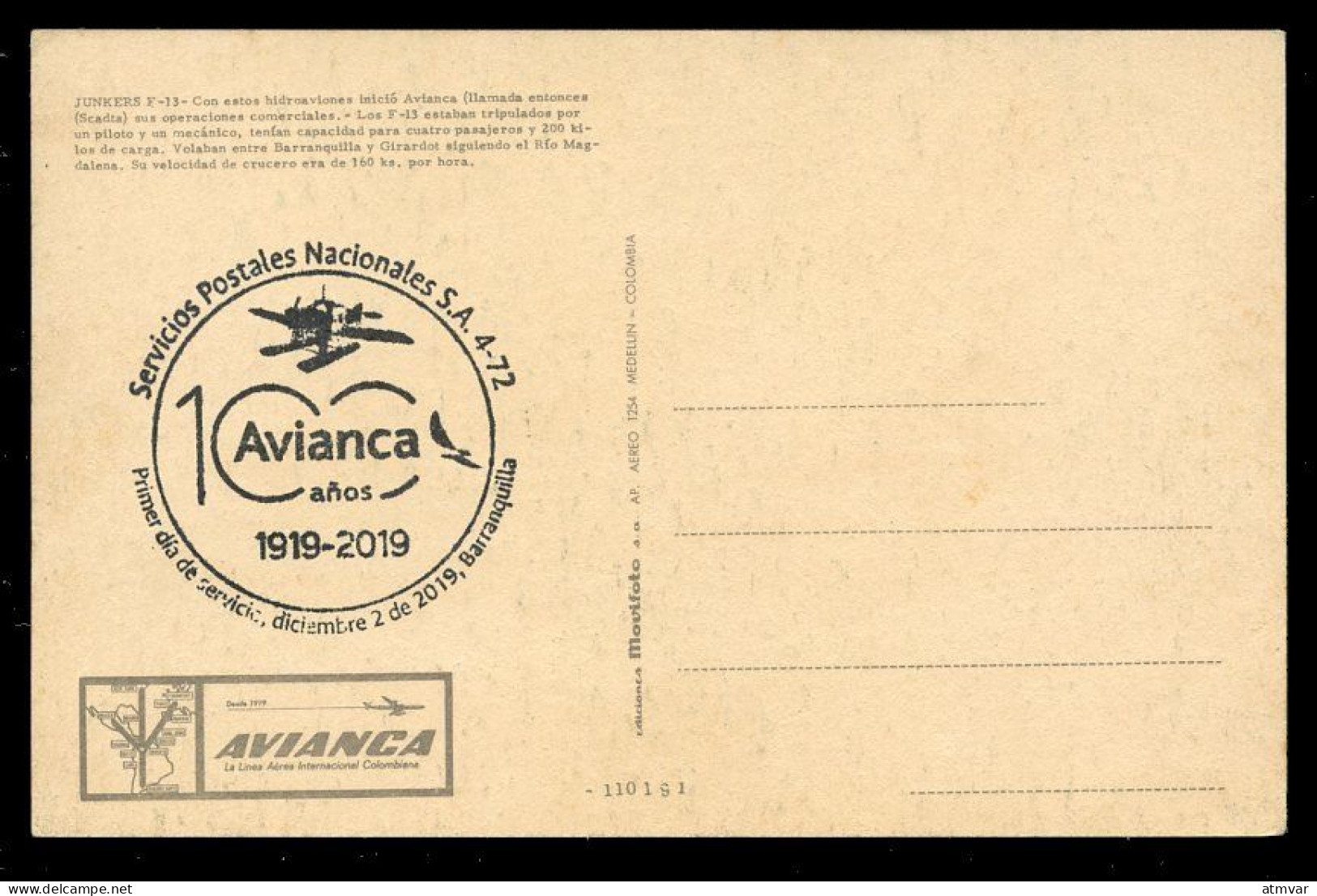 COLOMBIA (2019) Carte Maximum Card 100 Años AVIANCA SCADTA, Hidroavión Junkers F 13 Seaplane, Hydravion, Wasserflugzeug - Colombia