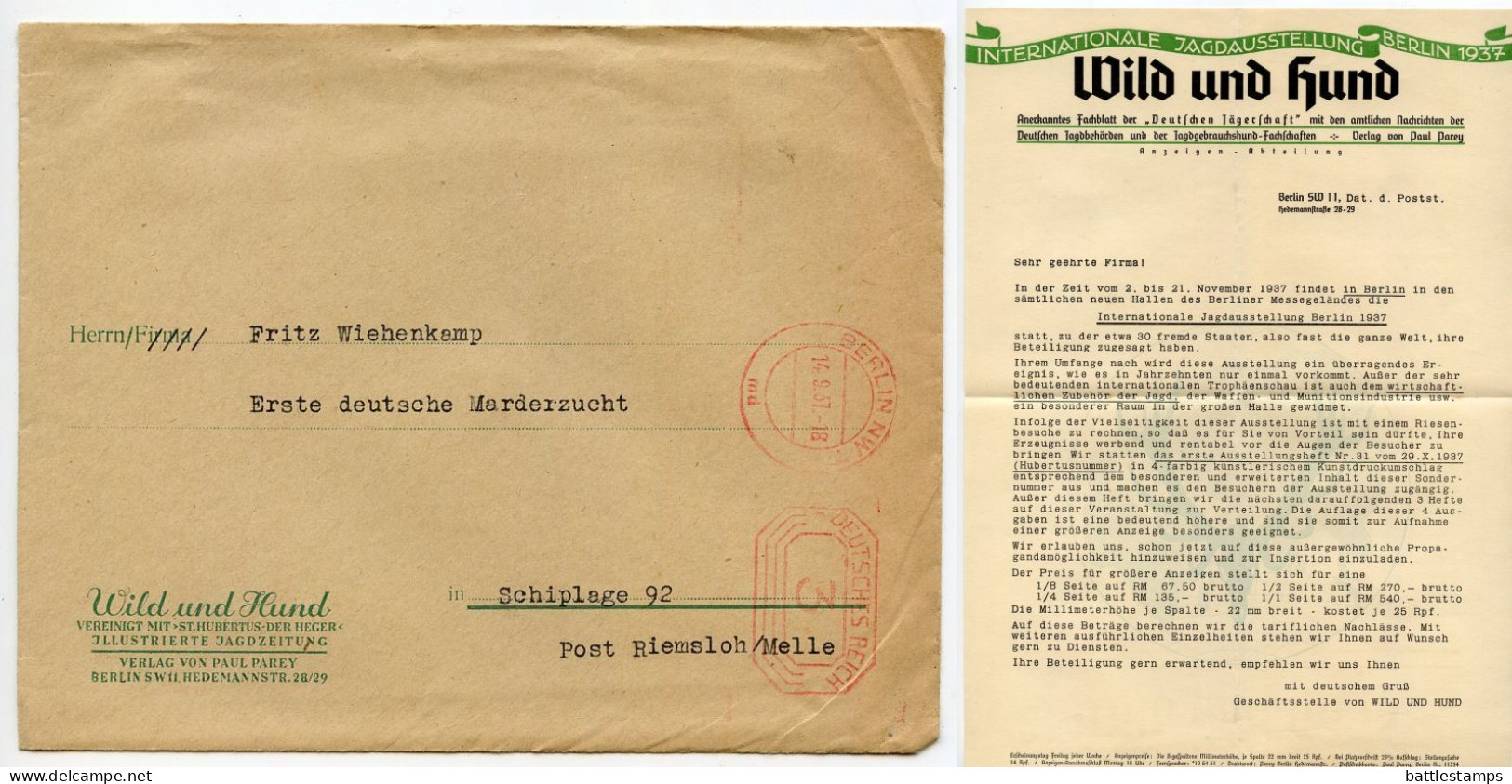 Germany 1937 Cover & Letter; Berlin - Wild Und Hund To Schiplage; 3pf. Meter - Máquinas Franqueo (EMA)