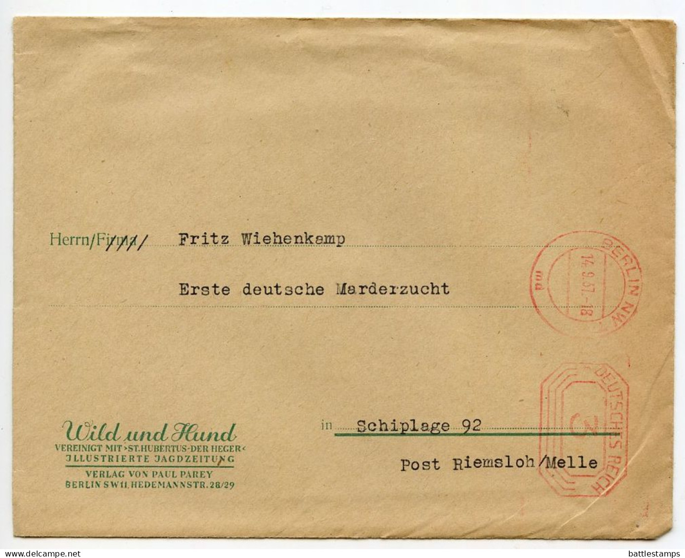 Germany 1937 Cover & Letter; Berlin - Wild Und Hund To Schiplage; 3pf. Meter - Macchine Per Obliterare (EMA)
