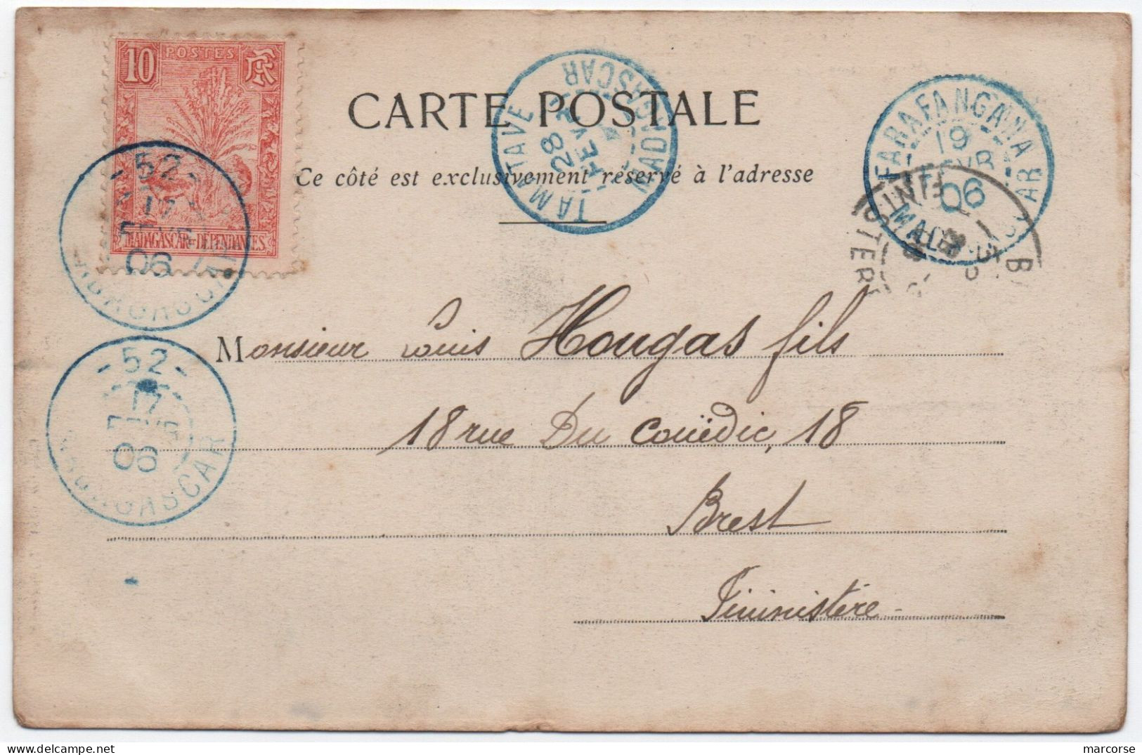 MADAGASCAR 10c Zébu Oblitération Cachet Provisoire Numéro 52 En 1906 = VANGAINDRANO (province De FARAFANGANA) - Brieven En Documenten