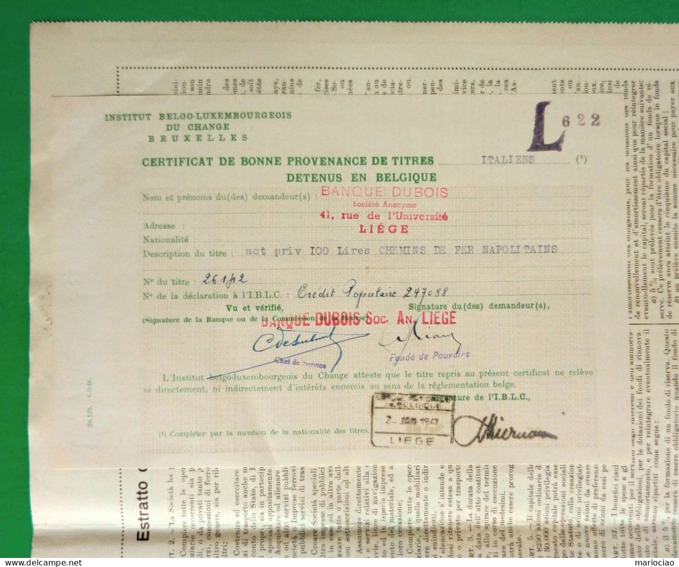 T-IT Società Per Le Ferrovie Napoletane 1926 +attestato Banque Dubois - Other & Unclassified