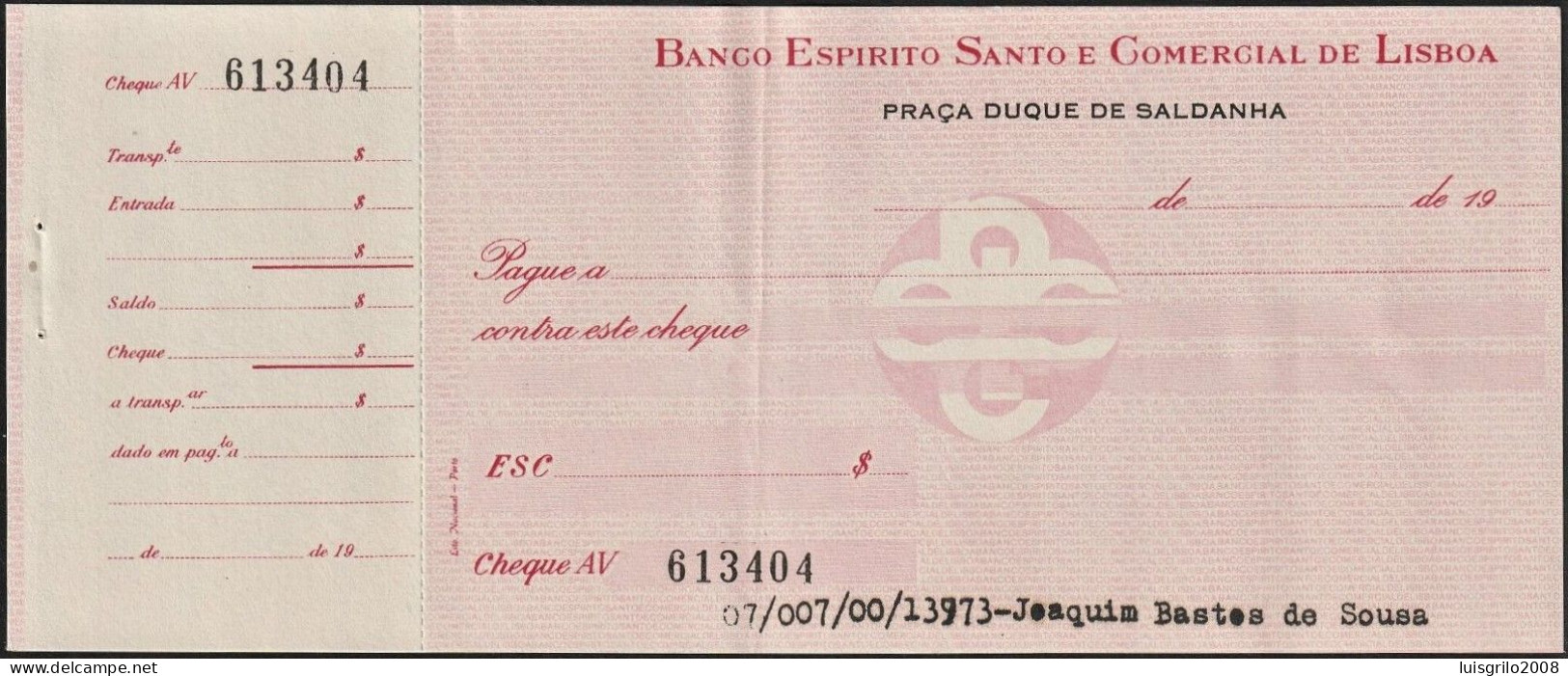 Portugal, Cheque - Banco Espirito Santo E Comercial De Lisboa. Praça Duque De Saldanha, Lisboa - Cheques En Traveller's Cheques
