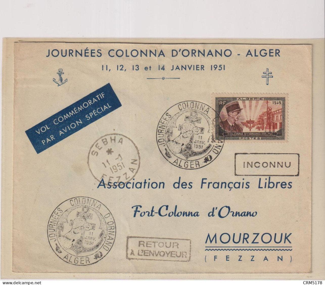ENV.ASSOCIATION DES FRANCAISS LIBRES-PAR AVION ALGER*FEZZAN 11//1951 - Cartas & Documentos